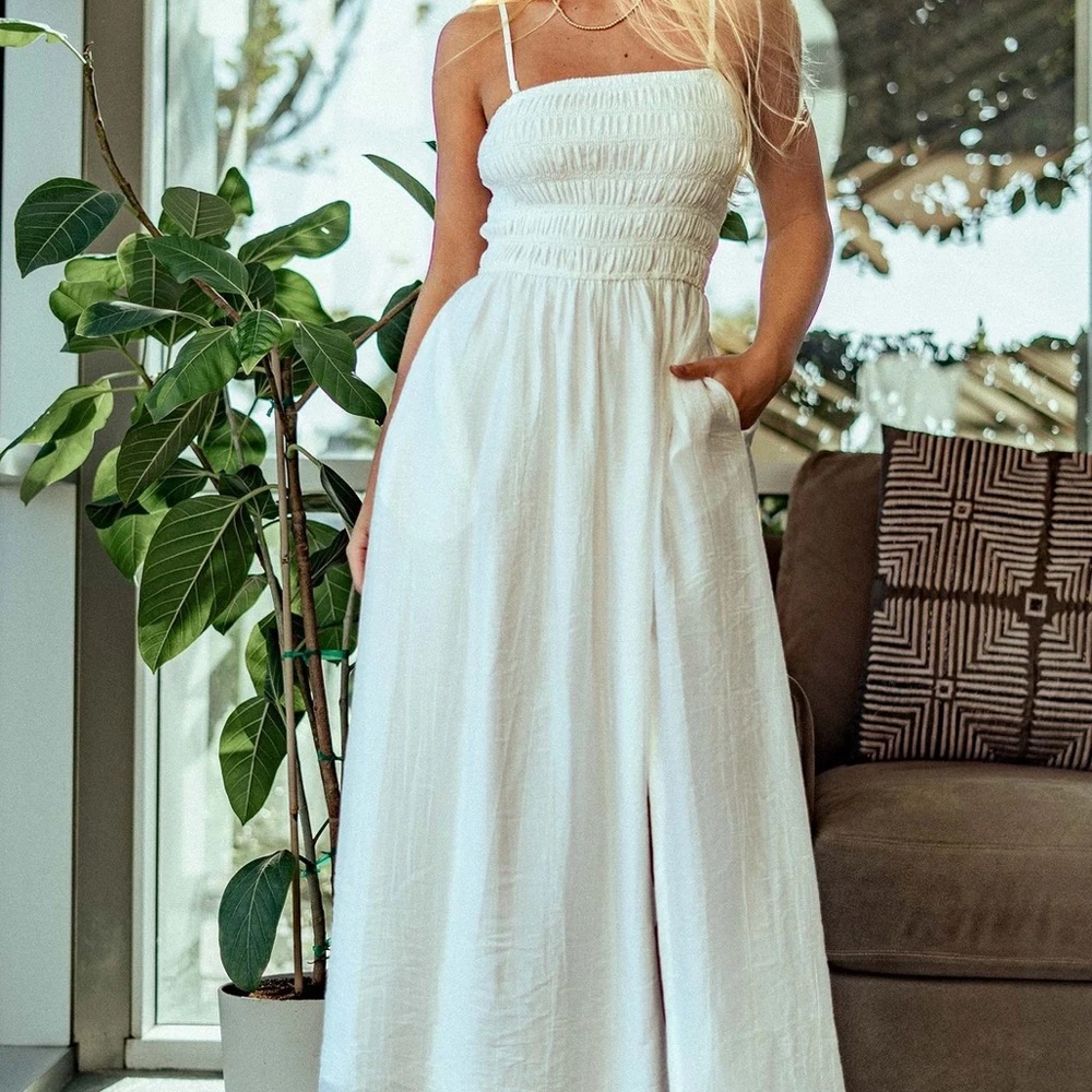 White Smocked Maxi Sundress with Slit
